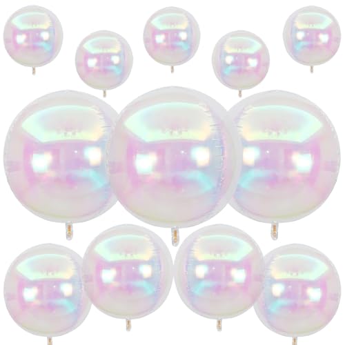 12Pcs Iridescent Round Foil Balloons, 22 15 10 4D Clear Ball Balloon, Holographic Balloons for Birthday Wedding Folding Rainbow Under The Sea Mermaid Party decoration