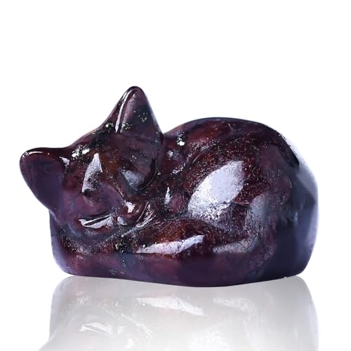 WUYOUSHI Natural Garnet Cat Crystals Decor Sleeping Cat Statue Healing Crystal Polished Gemstones Bedroom Office Desk Home Decoration A Lucky Decoration