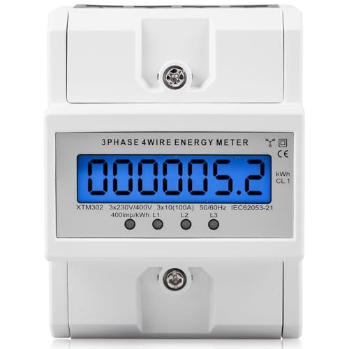 BAIFULAI Stromzähler 3-Phasen 4-Draht, Drehstromzähler 230/ 400V 3x 5-100A, LCD Digitaler Stromzähler Zwischenzähler Strom Hutschiene für DIN Hutschiene Zwischenzähler Strom, 50/60Hz