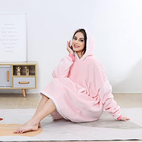 Oversized Sherpa Hoodie Blanket Ultra Soft Warm Cosy Pullover Wearable Hoodie Sweatshirt Blanket with Big Pocket One Size Fit All Women, Men, Girls, Boys, Friends, Adults, Teens | Unisex (Pink)