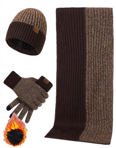 Mens Winter Scarf Hats and Gloves Set Knit Beanie Hat Warmer Scarfs and TouchScreen Glove 3 Pcs for Men