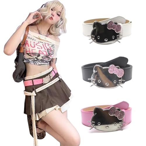 MLSTKWIG 1 PCS Kitty Cat Belt Women Belt Y2K Belt Hip Hop Belt Korean Belt Bling Belt Jeans Skirt Belt 105 * 3.3 cm/41.3 * 1.3 in (Black)