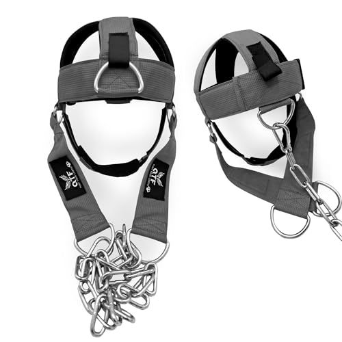 QTF Neck Harness Weight Lifting Training, Neck Builder Thick Neoprene Padded Adjustable Chin & Head Strap, Neck Workout Head Harness Heavy Duty Steel Chain (GREY)