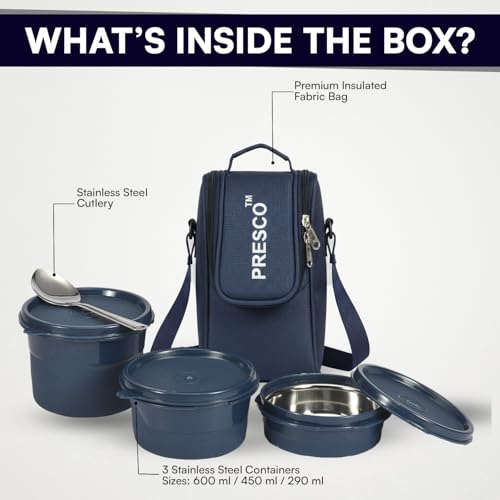 Image of PRESCO Insulated Lunch Box Set (3 Microwave Safe Inner Steel Containers,600 /450 /290ml; with Steel Spoon) with Insulated Fabric Bag, Lunch Box for Office Use, Leak Proof, Tiffin Box for Men
