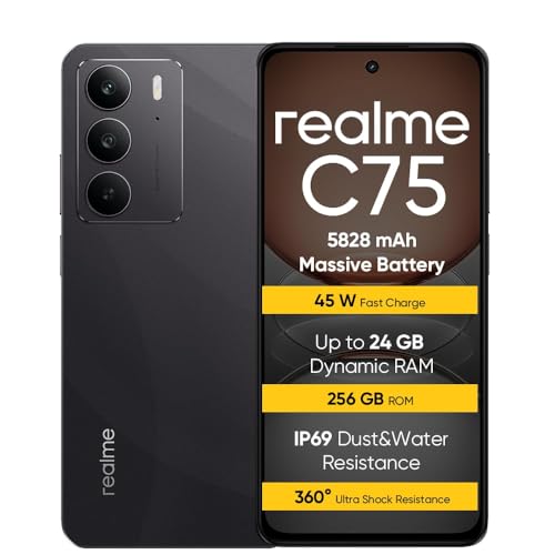 Realme C75 グローバル版 スマートフォン 8+256G ブラック Amazon | realme C75 スマートフォン 8+256 GB、IP69、5828 mAh