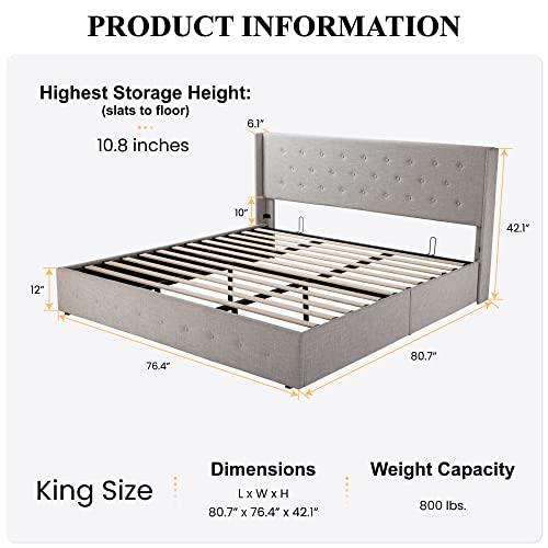 Sha Cerlin King Size Lift Up Storage Bed / Button Tufted Wingback Headboard / Hydraulic Storage / Upholstered Platform Bed Frame / No Box Spring Needed / Wood Slats Support / Light Beige #TOP1