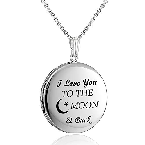 YOUFENG Love Heart Locket Necklace That Holds Pictures Engraved I Love You to The Moon and Back Photo Lockets (Round Locket)