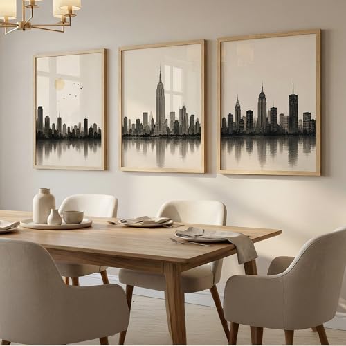 Image of Set of 3 Modern City Skyline Wall Art Paintings for Living Room | Minimalist Urban Cityscape Wall Decor | Neutral Beige Framed Wall Paintings for Bedroom, Office, Hall & Home Decoration (10x13 Inches)