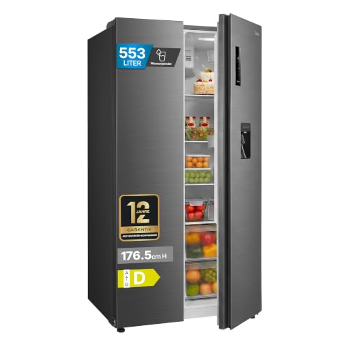 Midea Side-by-Side Kühlschrank 553L, mit Wasserspender ohne Festanschluss, Inverter Kompressor, No Frost, 360° Multi Air Flow, SuperCool & SuperFreeze, 37 dB leise, Steel Gray MDRS710FGD46W