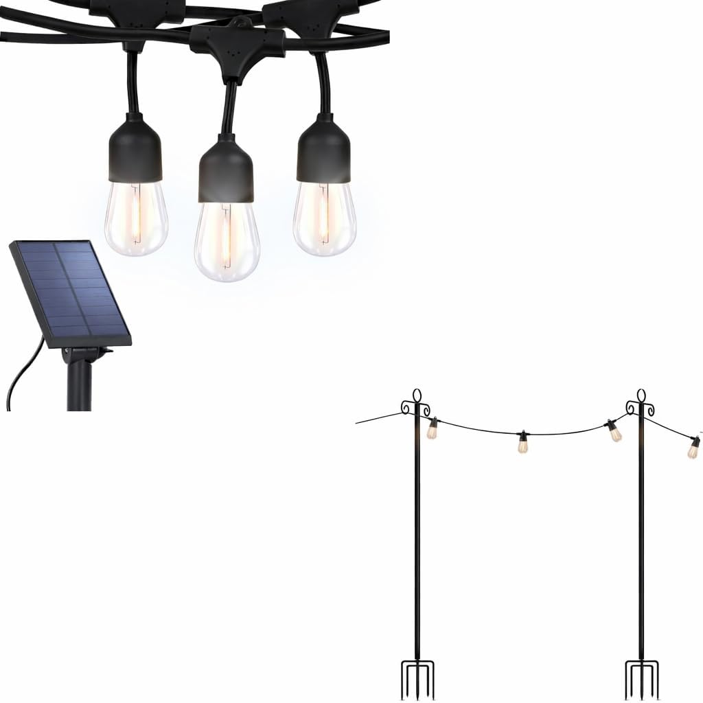 Brightech Bundle Ambience Pro Solar Powered Outdoor Patio String Lights - Commercial Grade 27 Ft + 2-Pack 10FT String Light Poles