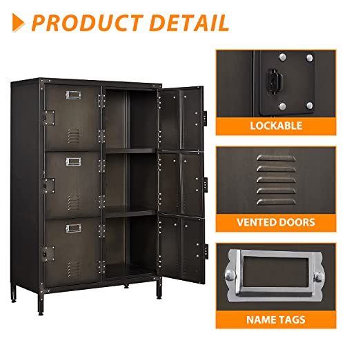 Image of Metal Locker Storage Cabinet, 47.3 inch Employees Locker with 6 Doors, Steel Retro Wardrobe with Adjustable Feet for Home, Office, Gym, School