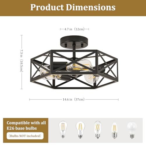 KUZIEG Modern Farmhouse Semi Flush Mount Ceiling Light,Industrial Black Ceiling Lighting Fixture,Hexagonal Close to Ceiling Lights for Kitchen, Hallway,Bedroom,Foyer,Dining,Laundry Room,14.6 Inch by KUZIEG - Image 2