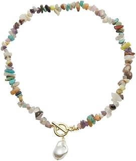 IDOKAWA Boho Statement Necklace for Women, Vintage Multicolor Charm Necklace with Natural Gemstones and Baroque Pearl Pendant, Summer Bohemian Jewelry