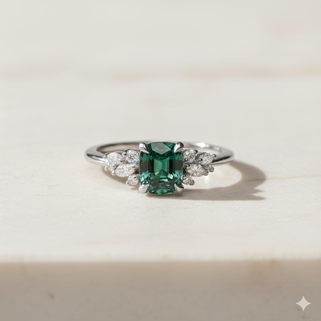 Handmade Emerald Cut Green Emerald Ring Silver Wedding Band, Elegant Minimalist Jewelery Trendy Design for Women & Girls