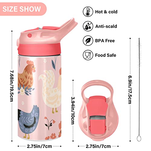 Cute Chickens And Flowers Kids Water Bottle, Vacuum Insulated Stainless Steel, Double Walled Leakproof Tumbler Travel Cup For Girls Boys Toddlers, 12 Oz #TOP2