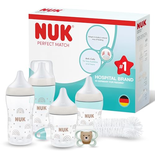 NUK Perfect Match Perfect Start Ensemble de biberons | 0-6 mois | 4 biberons anti-coliques (150 ml, 260 ml), 2 tétines, 1 sucette Perfect Match Air, 1 goupillon | Arc-en-ciel | Lot de 8