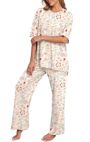 Image of PrinStory Womens Pajamas Sets 2 Piece Lounge Set Short Sleeve Tops and Long Pants Soft Pjs Loungewear with Pockets