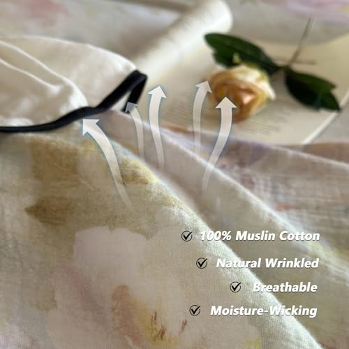 VM VOUGEMARKET White Ruffle Duvet Cover Set Twin for Girls Breathable Muslin Cotton Flower Duvet Cover Soft Linen Like Gauze Bedding Set-68x86 Inch