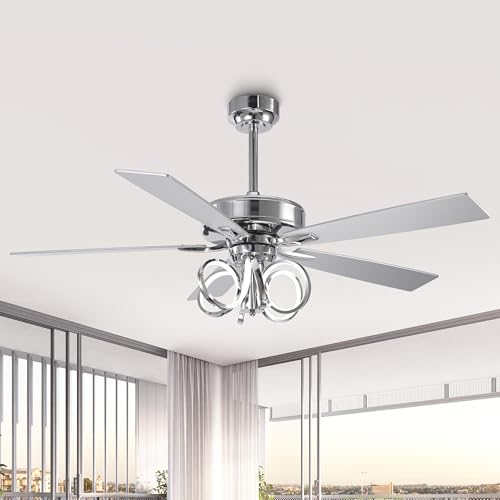 Image of 52 Inch Silver Ceiling Fans with Lights and Remote, Creative Modern Ceiling Fan for Bedroom Living Room with 3CCT, 6 Speeds, Timer, Dual-Sided Reversible 5 Blades Indoor Outdoor Chandelier Fan