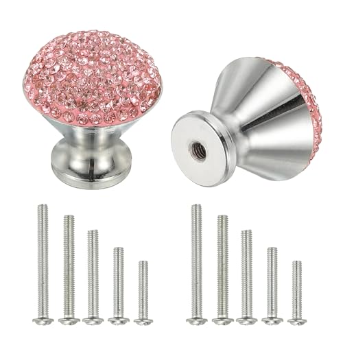 Image of sourcing map Drawer Knobs,2Pcs 1.1 Inch (28mm) Diameter Bling Diamond Decoration Cabinet Knob, Round Rhinestones Pull Handle with Screws for Home, Office, Kitchen (White Base + Pink Diamond)