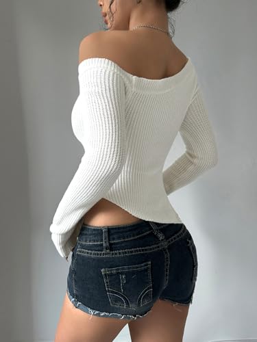 Milumia Women's Long Sleeve Off The Shoulder Sweaters Y2k Asymmetrical Hem Knitted Crop Tops2
