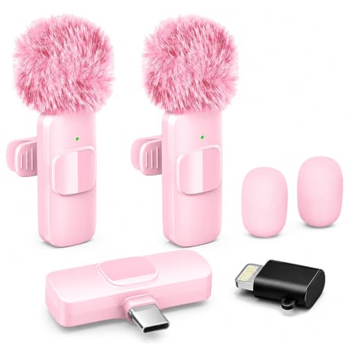 Image of Wireless Lavalier Microphone for iPhone Android, 2Pcs Pink Mic, Plug & Play