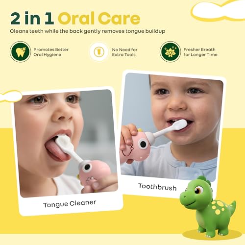 Image of R for Rabbit Tiny Smiles Dino Kids Toothbrush with Tongue Cleaner for Toddlers & Babies 2+ Years | Extra Ultra Soft PBT Bristles, Gentle on Gums | Cute 3D Dinosaur Easy Grip Handle | BPA Free (Peach)