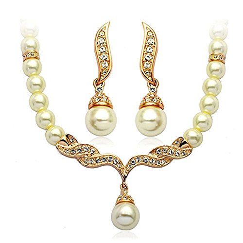 Women's Party Wedding Jewellery Sets Fashion Angel Wings Faux Pearls Bride Earrings & Necklace (Golden)