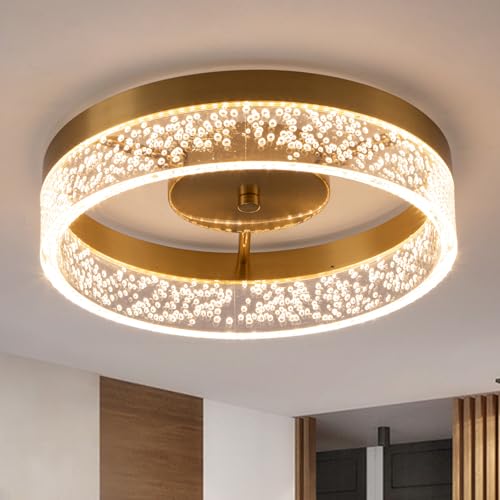 Qcyuui Plafonnier Encastré LED 20W Doré - Abat-Jour en Acrylique Clair Texturé Graine - Lumière Rond Moderne pour Cuisine, Couloir, Salle à Manger