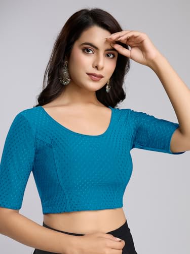 Image of TRENDMALLS Women's Dobby Pure Cotton Elastin Stretchable Readymade Round Neck Elbow Length Sleeves Blouse Choli Stylish Saree Blouse Ready to Wear
