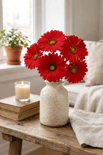 Image of CURATED CART Gerbera Daisy Flowers - Pack of 5 Red Faux Blooms, 30cm Tall | Real Touch PU Petals with Bendable Green Stems | Artificial Flower Bouquet for Home, Kitchen, Office (Red) (No Vase)