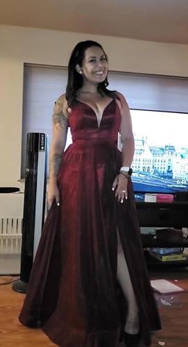 Image of Women's Glittery Spaghetti V-Neck Prom Dresses Long A Line Bridesmaid Dresses Side Split Formal Evening Gowns Light Green,US14