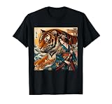 Samurai Girl Fighting Giant Tiger Traditional Japanese Art T-Shirt, Men, Black, Small