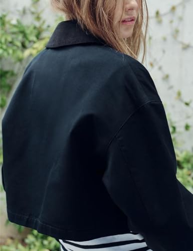 Women's Cropped Jacket Long Sleeve Zip Up Corduroy Collar Jackets Outwear with Pockets4