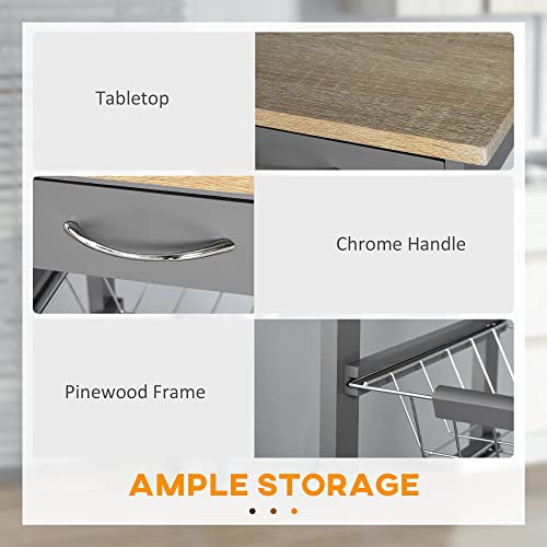 Homcom Compact Kitchen Cart, Rolling Kitchen Island With Storage, Solid Wood Frame Utility Cart With 4 Wire Fruit Baskets And Drawer, Gray #TOP5