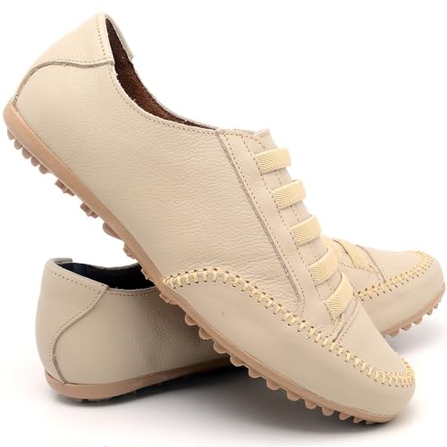 Sapato Mocassim Mocatenis Feminino Em Couro Legítimo (Bege, BR, Adulto, Numérico, 36)