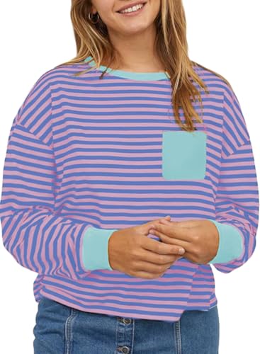 Eytino Women Plus Size Tops Crewneck Long Sleeve Loose Casual Striped Tee Shirts with Pocket(1X-5X)2