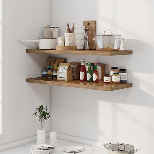 Image of Dreamland 40 inch Floating Shelves for Wall, 12 inch Deep Slim Walnut Floating Shelves, Wall-Mounted Shelves for Bedroom, Living Room, Kitchen, Bathroom - Set of 2