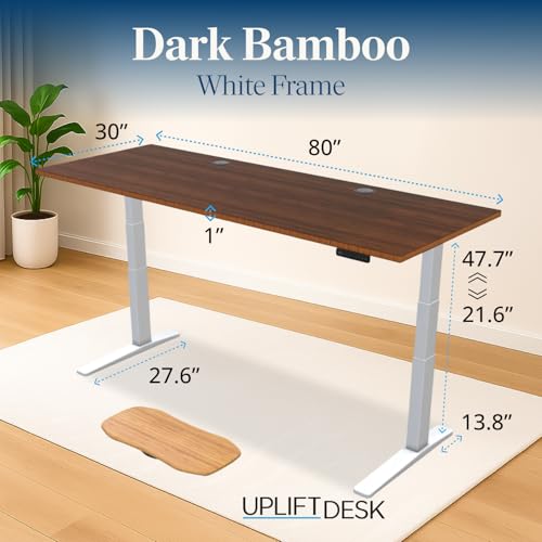 Image of UPLIFTDESK Dark Bamboo (80 x 30 inch) Standing Desk 2-Leg V3 Adjustable Stand Up C-Frame (White), Advanced Keypad, Wire Grommets, Wire Tray, Rocker Board
