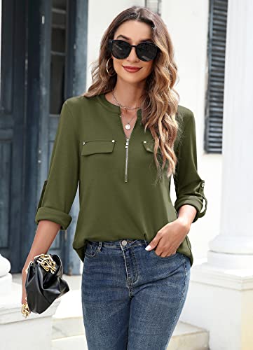 Image of Bulotus 3 /4 Length Sleeve Womens Striped Tops Zipper V Neck Collared Blouses Business Casual Tunics 2026 Spring Trendy