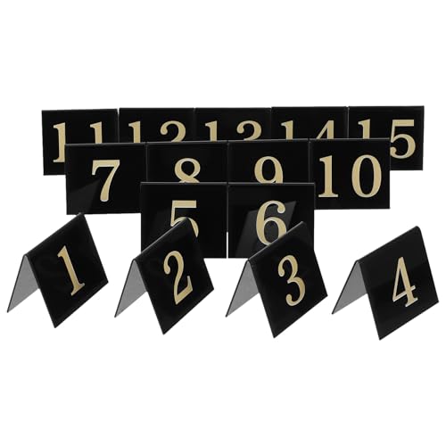 Angoily Marcadores de Números Acrílicos Forma de V para Mesas de Restaurante 15 Piezas Negro Números Dorados Doble Cara Resistentes y Multifuncionales para Señalización Eventos y