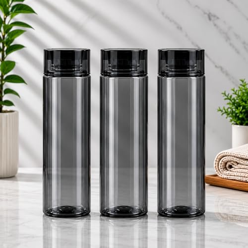 Image of H2O 1 Litre Each Water Bottle Set of 3 - Crystal Clear, BPA-Free, Breakproof & Leakproof | Fridge Safe Transparent PET Bottles | Made in India | Ideal for School, Office, Kitchen & Travel (Black)
