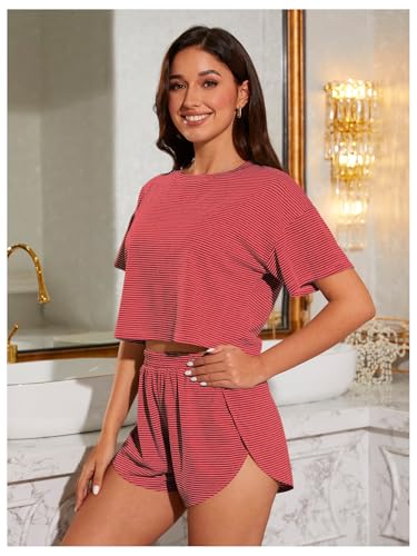 Image of OYOANGLE Womens Pajama Sets 2 Piece Sexy Lounge Sets Summer Cute Pjs Striped Print Tee and Side Split Shorts Set