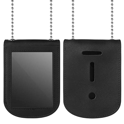 Prasacco 1PC Leather Police Badge Holder, ID Badge Holder Black Neck Chain Badges Holders Universal Neck Badges Holders with Bead Chain for Police Factory Worker