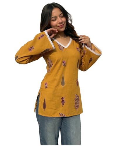 Image of ANNI Designer Women's Viscose Blend Printed Short Kurti | Ethnic Printed Tunic Top | V Neck Lace Detail | Full Sleeve Hip Length Kurta Top for Women