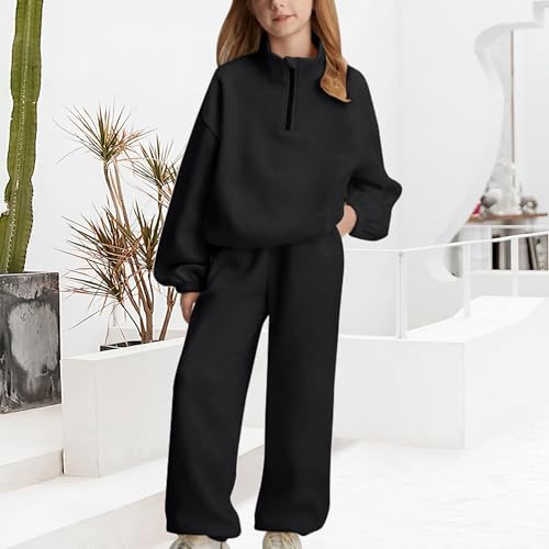 Girls Half Zipper Sweatshirts Set Plain Fleece 2 Piece Baggy Sweatpants Pullover Tops Sweatsuits (Black, 10-11 Years)3
