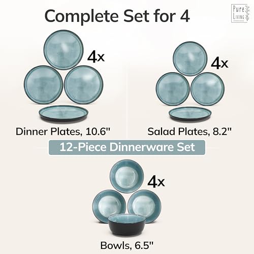 Image of Stoneware Dinnerware Set for 4, 12 Piece Plates and Bowls Set - Handmade Reactive Glaze, Chip & Scratch Resistant Sets - Dishwasher Microwave Safe, Modern Kitchen Dinner Service in Dark Petrol Blue