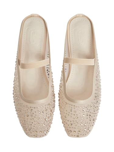 BEAUDRM Women's Polka Dots Mesh Ballet Flats Dressy Mules Square Closed Toe Maryjane Flat Shoes Elegant Backless Loafers Apricot Rhinestone 6.5