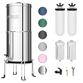 Purewell 8-Stage Gravity Fed Water Filter System, 2.25 Gallon Stainless Steel Countertop System with 4 Filters, Metal Water Level Spigot and Stand, Reduce Fluoride and Chlorine, PW-OBT-CF