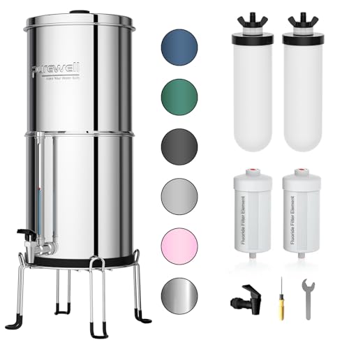 Image of Purewell 8-Stage Gravity Fed Water Filter System, 2.25 Gallon Stainless Steel Countertop System with 4 Filters, Metal Water Level Spigot and Stand, Reduce Fluoride and Chlorine, PW-OBT-CF
